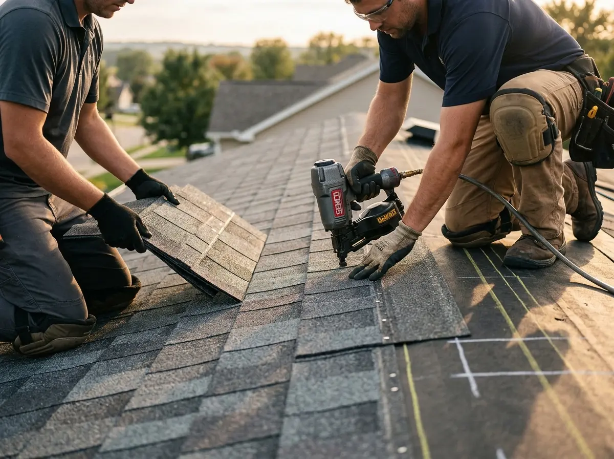 Professional roofer working on a residential roof in Vashon